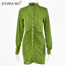 Load image into Gallery viewer, Julissa Mo Autumn Ruched Long Sleeve Bodycon Dress Women Turn-Down Collar Sexy Mini Dress Female Button Slim Party Vestidos 2020