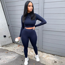 Load image into Gallery viewer, 2021 Summer Women Sport Fitness 2 Two Piece Set Outfits Long Sleeve Crop Tops Tshirt Leggings Pants Set Bodycon Tracksuit