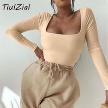 Load image into Gallery viewer, TiulZial Square Collar Long Sleeve Bodycon Bodysuit For Women Autumn White Women Bodysuit Winter Casual Body Female Top Black