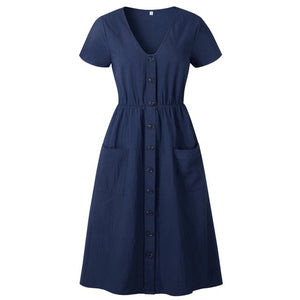 Cotton Linen Women Summer Dress 2020 Casual V-neck Button Pocket Short Sleeve A-line Midi Dresses For Women Vestidos