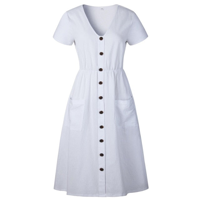 Cotton Linen Women Summer Dress 2020 Casual V-neck Button Pocket Short Sleeve A-line Midi Dresses For Women Vestidos