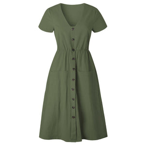 Cotton Linen Women Summer Dress 2020 Casual V-neck Button Pocket Short Sleeve A-line Midi Dresses For Women Vestidos