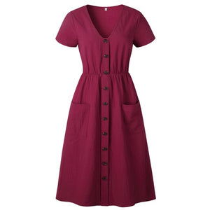 Cotton Linen Women Summer Dress 2020 Casual V-neck Button Pocket Short Sleeve A-line Midi Dresses For Women Vestidos