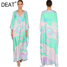 Load image into Gallery viewer, [DEAT] 2020 Over Long Length Dress Women Silk Print Vacation Bohemian Batwing  V Collar Over Size Elegant New Fashion Tide AR666
