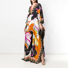 Load image into Gallery viewer, [DEAT] 2020 Over Long Length Dress Women Silk Print Vacation Bohemian Batwing  V Collar Over Size Elegant New Fashion Tide AR666
