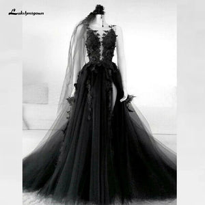 Floral Gothic Black Wedding Dress  2020 Vestidos