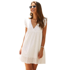 Solid Hollow Out Short Dress