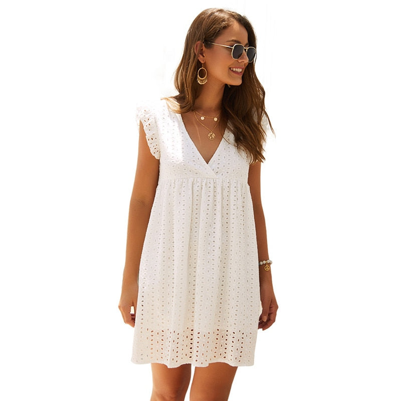 Solid Hollow Out Short Dress