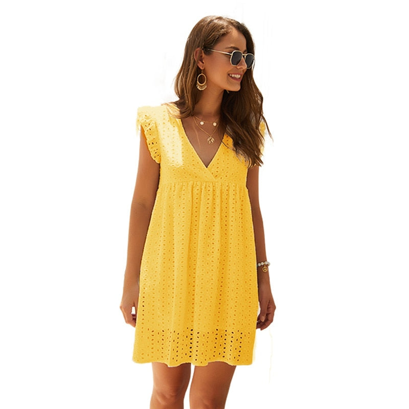 Solid Hollow Out Short Dress