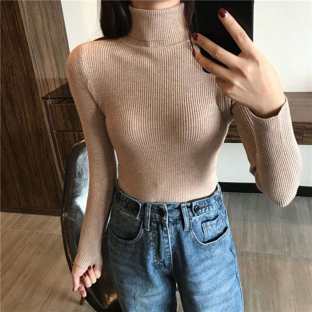 2021 Autumn Winter Thick Sweater Women Knitted Ribbed Pullover Sweater Long Sleeve Turtleneck Slim Jumper Soft Warm Pull Femme