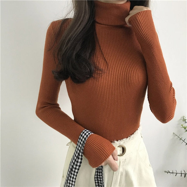 2021 Autumn Winter Thick Sweater Women Knitted Ribbed Pullover Sweater Long Sleeve Turtleneck Slim Jumper Soft Warm Pull Femme