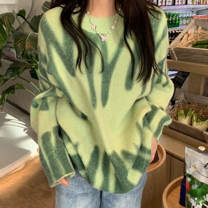 Print Knitted Sweater Women Elegant Green Striped Oversized Pullovers Women Winter Loose Long Sweaters Streetwear Sueter Mujer