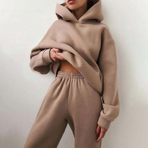 Women Elegant Solid Sets For Women Warm Hoodie Sweatshirts And Long Pant Fashion Two Piece Sets Ladies Lace Up Sweatshirt Suits