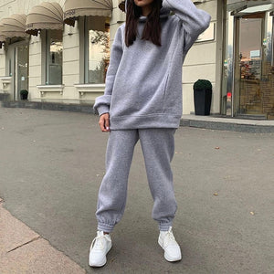 Women Elegant Solid Sets For Women Warm Hoodie Sweatshirts And Long Pant Fashion Two Piece Sets Ladies Lace Up Sweatshirt Suits