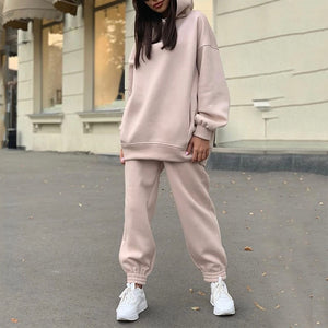 Women Elegant Solid Sets For Women Warm Hoodie Sweatshirts And Long Pant Fashion Two Piece Sets Ladies Lace Up Sweatshirt Suits