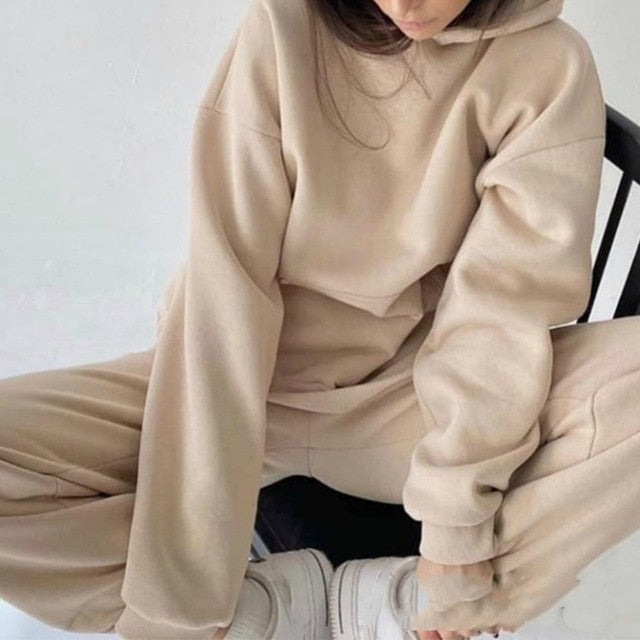 Women Elegant Solid Sets For Women Warm Hoodie Sweatshirts And Long Pant Fashion Two Piece Sets Ladies Lace Up Sweatshirt Suits