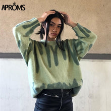 Load image into Gallery viewer, Aproms Elegant Green Striped Print Oversized Pullovers Women Winter O-Neck Loose Long Sweaters Streetwear Warm Outerwear 2021
