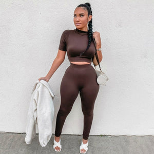 2021 Summer Women Sport Fitness 2 Two Piece Set Outfits Long Sleeve Crop Tops Tshirt Leggings Pants Set Bodycon Tracksuit