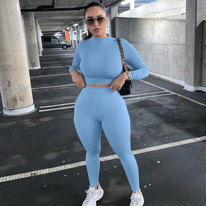 2021 Summer Women Sport Fitness 2 Two Piece Set Outfits Long Sleeve Crop Tops Tshirt Leggings Pants Set Bodycon Tracksuit