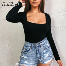 Load image into Gallery viewer, TiulZial Square Collar Long Sleeve Bodycon Bodysuit For Women Autumn White Women Bodysuit Winter Casual Body Female Top Black
