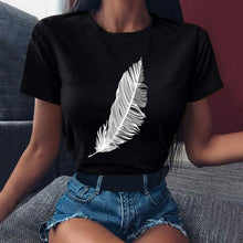 Laden Sie das Bild in den Galerie-Viewer, 2021 Women Casual Harajuku Fashion T-shirt Feather Print Loose O-neck Short Sleeve Elastic Stretched Summer Home New Tee Shirt
