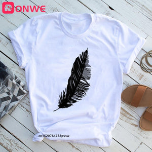 2021 Women Casual Harajuku Fashion T-shirt Feather Print Loose O-neck Short Sleeve Elastic Stretched Summer Home New Tee Shirt