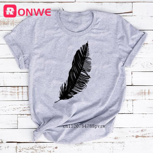 2021 Women Casual Harajuku Fashion T-shirt Feather Print Loose O-neck Short Sleeve Elastic Stretched Summer Home New Tee Shirt