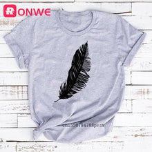 Laden Sie das Bild in den Galerie-Viewer, 2021 Women Casual Harajuku Fashion T-shirt Feather Print Loose O-neck Short Sleeve Elastic Stretched Summer Home New Tee Shirt
