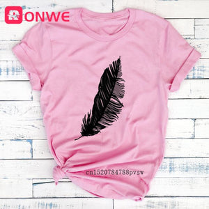 2021 Women Casual Harajuku Fashion T-shirt Feather Print Loose O-neck Short Sleeve Elastic Stretched Summer Home New Tee Shirt