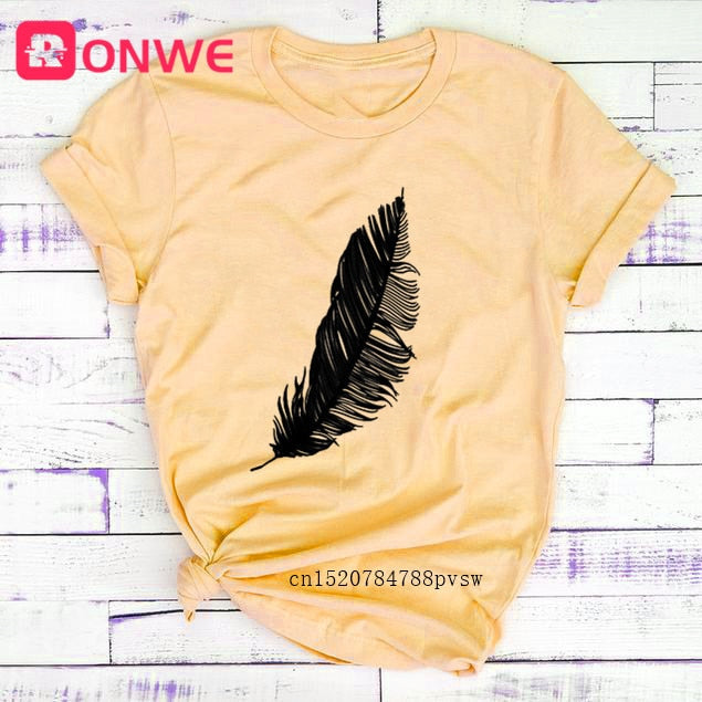 2021 Women Casual Harajuku Fashion T-shirt Feather Print Loose O-neck Short Sleeve Elastic Stretched Summer Home New Tee Shirt