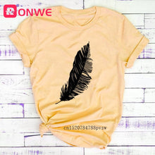 Laden Sie das Bild in den Galerie-Viewer, 2021 Women Casual Harajuku Fashion T-shirt Feather Print Loose O-neck Short Sleeve Elastic Stretched Summer Home New Tee Shirt
