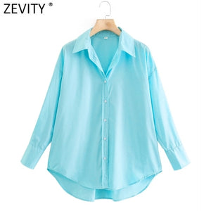 Zevity New Women Simply Candy COlor Single Breasted Poplin Shirts Office Lady Long Sleeve Blouse Roupas Chic Chemise Tops LS9114