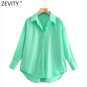 Zevity New Women Simply Candy COlor Single Breasted Poplin Shirts Office Lady Long Sleeve Blouse Roupas Chic Chemise Tops LS9114